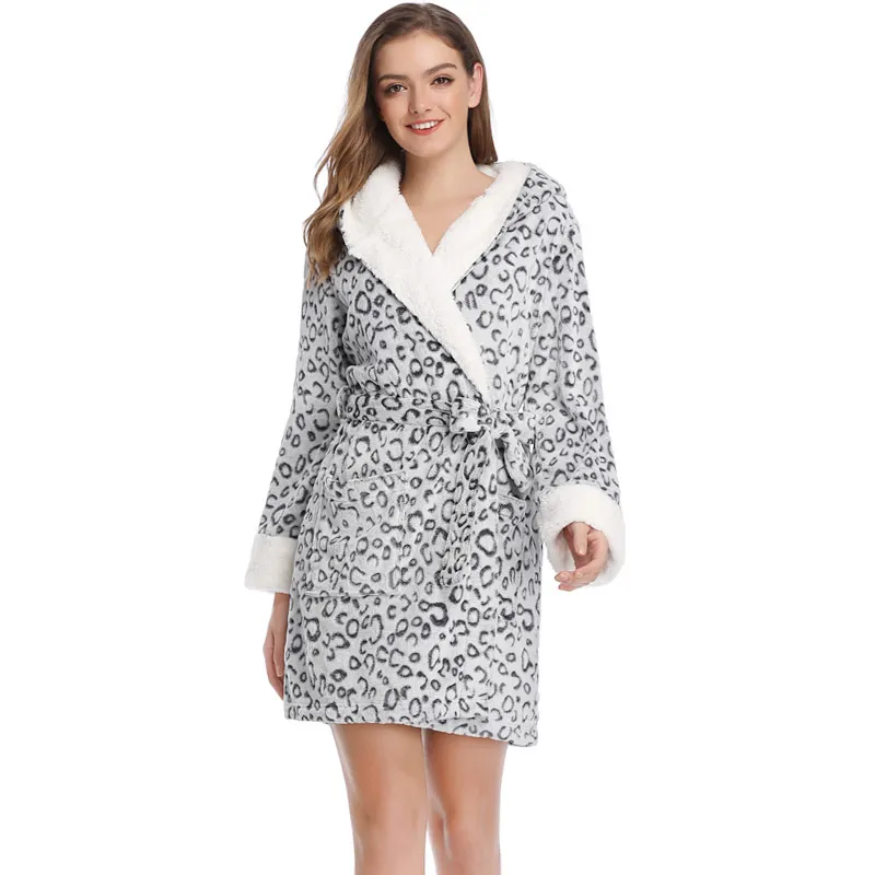 Новые осенние зимние теплые халаты Тедди леопардовые халаты с капюшоном пижамы розовые халат для женщин