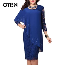 OTEN Elegant Plus Size Pencil Autumn Patchwork Chiffon Party Dress Women Lace 3/4 Sleeve O-Neck Female Clothing Blue Office