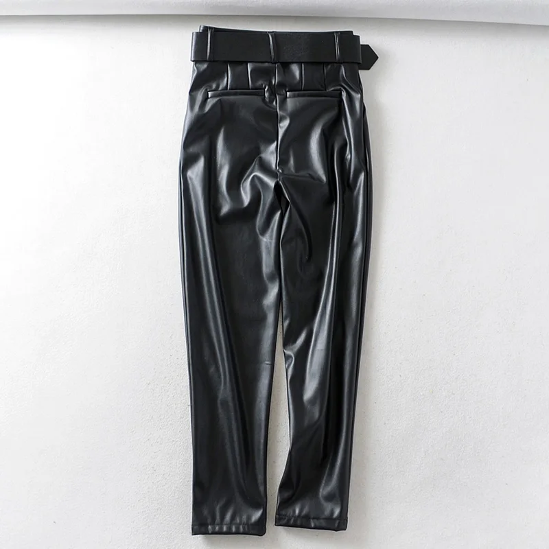 ZOEPO женские брюки из искусственной кожи, модные женские брюки из искусственной кожи с поясом, женские элегантные брюки-карандаш для женщин