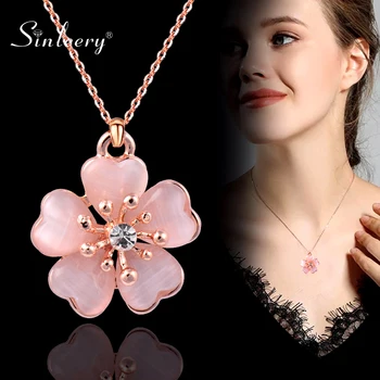 SINLEERY Fashion Solid Pink Opal Plum Flower Pendant Necklace Rose Gold Color Wedding Jewelry For Women Girl Bijoux XL260 SSC
