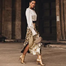 Высокая уличная мода блёстки юбка для женщин с разрезом сбоку чай Длина блеск блестками миди юбка золотистого цвета женские макси юбки