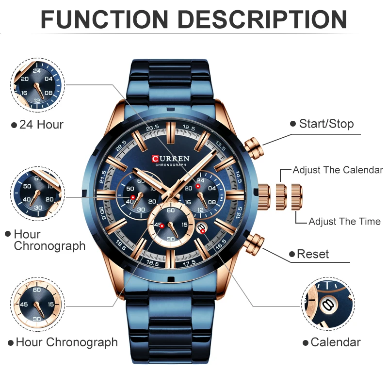 Новинка CURREN, модные мужские часы из нержавеющей стали, Топ бренд, роскошные спортивные кварцевые часы с хронографом, мужские часы