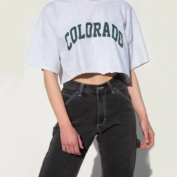 

Women Letters Print Croppted T-shirt Loose Cotton Tee