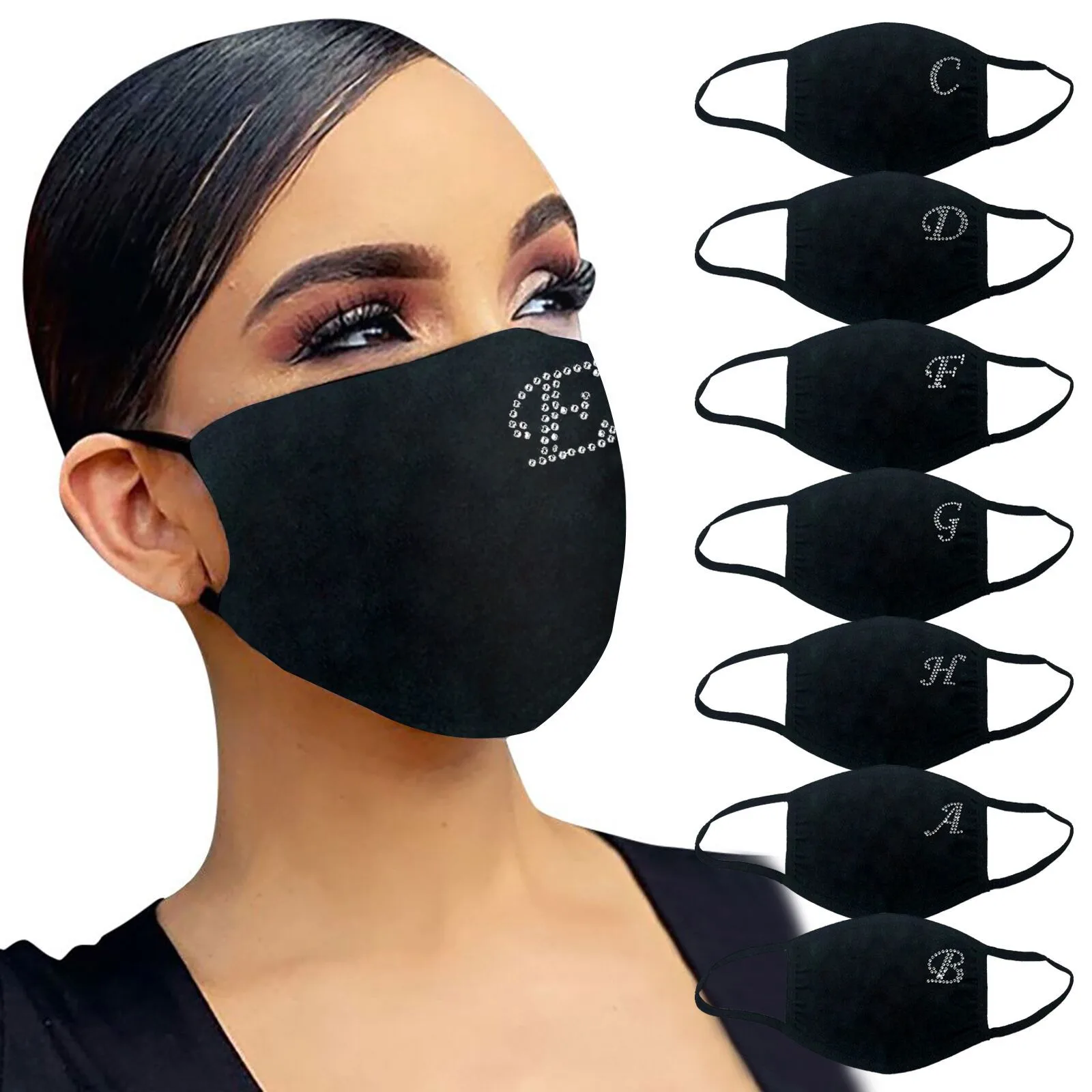 26 Letter Printed Rhinestone Pattern Dustproof Cotton Face Mask Washable Reusable