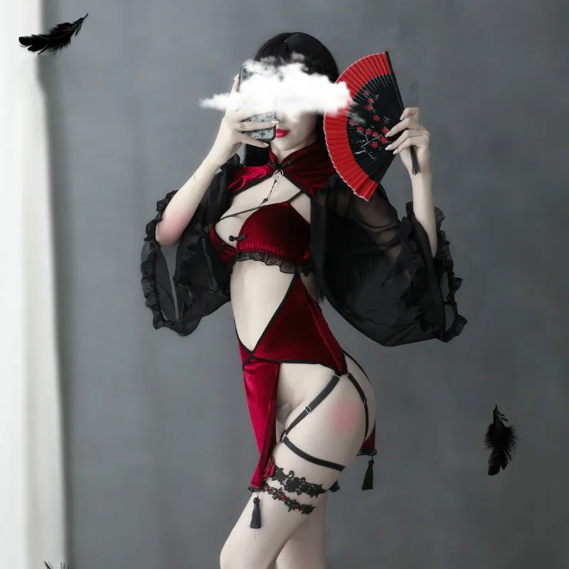 Dark Retro Witch Sexy Hollow Silk Sleeve Cheongsam Sexy Lingerie Set Witch Tight Game Wear Bandage Performance Costume