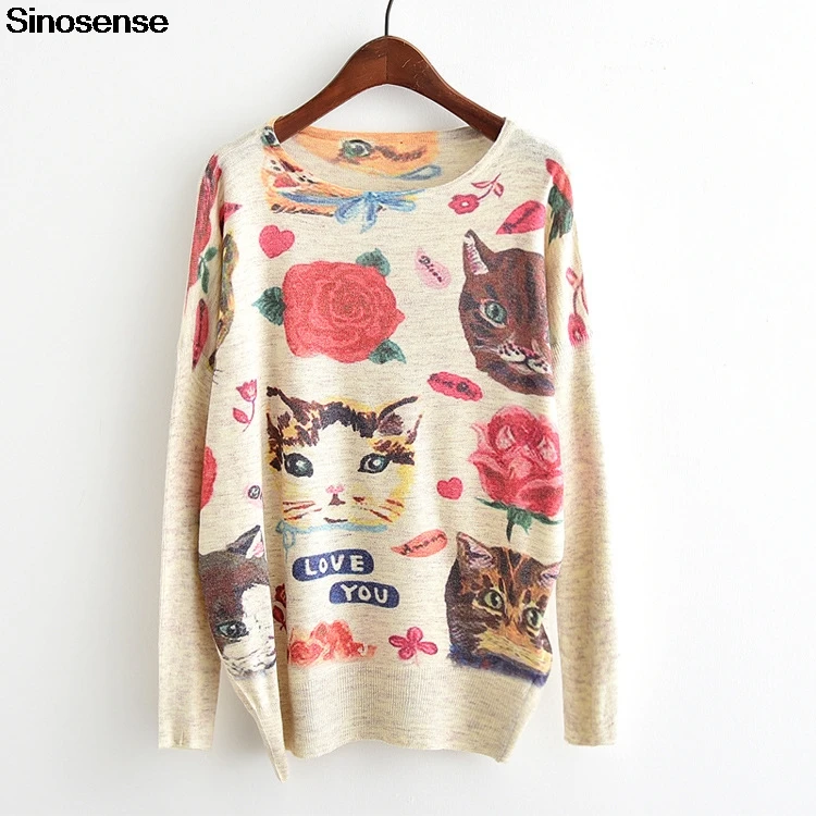 

New Fashion Floral Cat Sweater Women Pullovers Jumpers Tops 2019 Print Crewneck Autumn Oversized Loose Sweaters Knitted Sweater