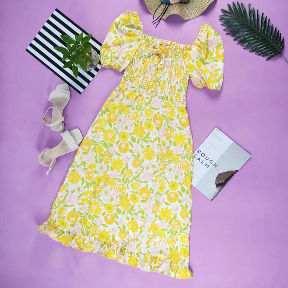 

Women Fashion Dress Slash Collar Yellow Floral Elastic Waist Dress Sun Turmeric Flower Pattern Spring Party Dress Women Clothing