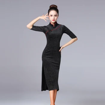 

2020 vintage latin dance dress mandarin collar vestido flecos chinese dress cheongsam qipao style samba fork sexy dance wear