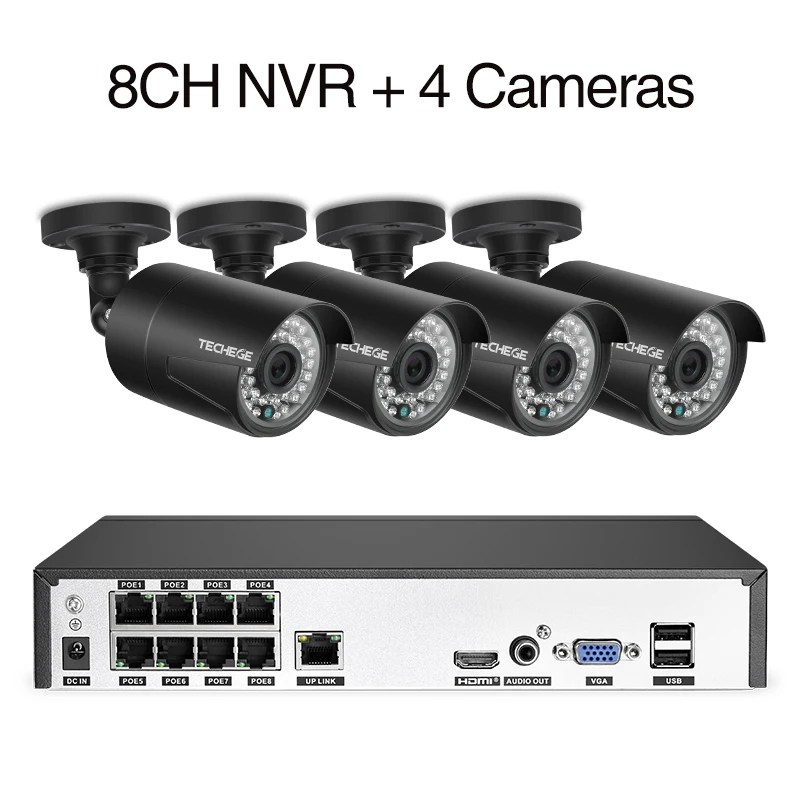 4pcs cameras Techege H.265 8CH NVR 48 в POE 1080P CCTV система 2MP IP камера Аудио запись ИК водонепроницаемый датчик движения система безопасности - Цвет: 4pcs cameras
