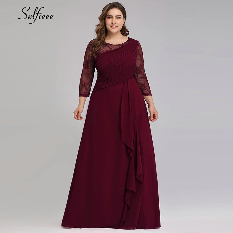 

New Christmas Dress Women Large Sizes A Line O Neck Three Quarter Sleeve Lace Autumn Dress Long Chiffon Party Vestidos De Verano