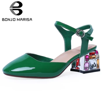 

BONJOMARISA Ladies Fashion Office Patent Leather Cool Crystal High Heels Sandals Women Elegant Pointed Toe Shoes Woman