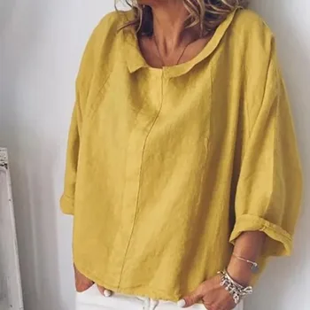 

Women\\\\\\'s Turn-down Collar Blouse Solid Color Linen Long Sleeve Shirt Casual Loose Pullover Blouse Hot
