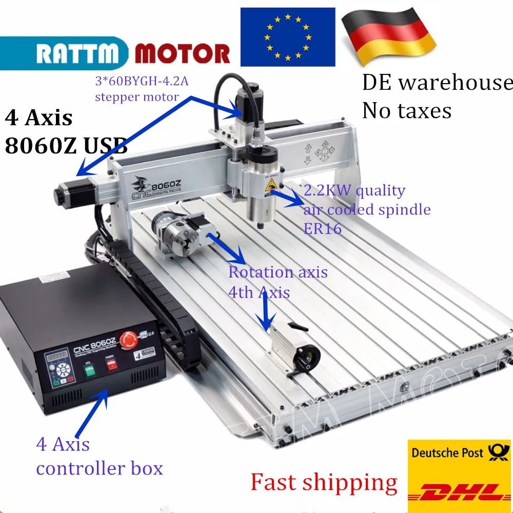 

EU Delivery! 110V/220V 4Axis 2200W 8060Z USB Mach3 2.2kw CNC Router Engraver/engraving Drilling and milling Mahcine 110/220VAC