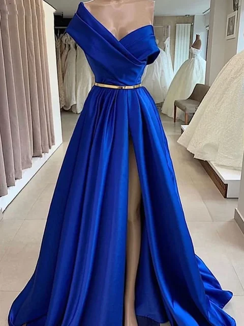 Elegant Off Shoulder Royal Blue Long Prom Dresses with Slit, Off Shoul –  Shiny Party