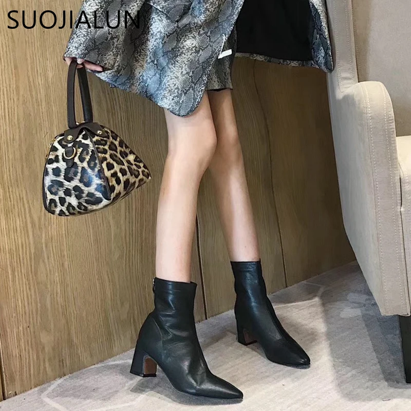 SUOJIALUN Winter Women Ankle Boots Inner Warm Plush Short Boot High Square Heel Zip Ladies Shoes Boots Bota Feminina