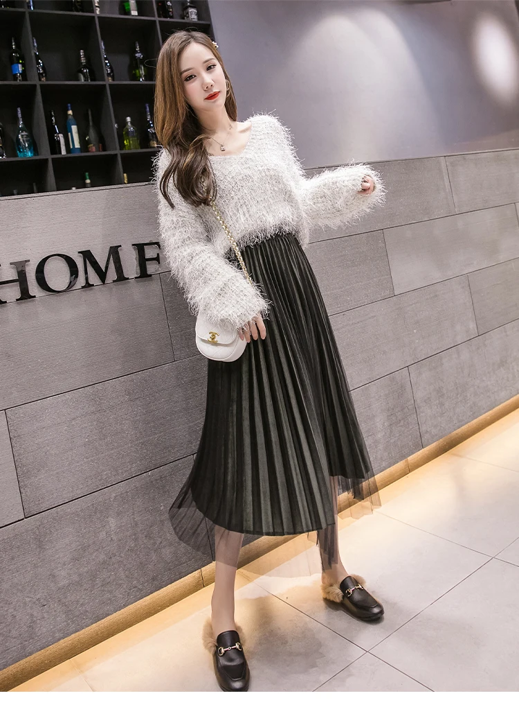 Korean Vintage Winter Tulle Skirts Elastic Waist Patchwork Pleuche Gauze Long Pleated Tulle Skirts Women Midi Tulle Skirt