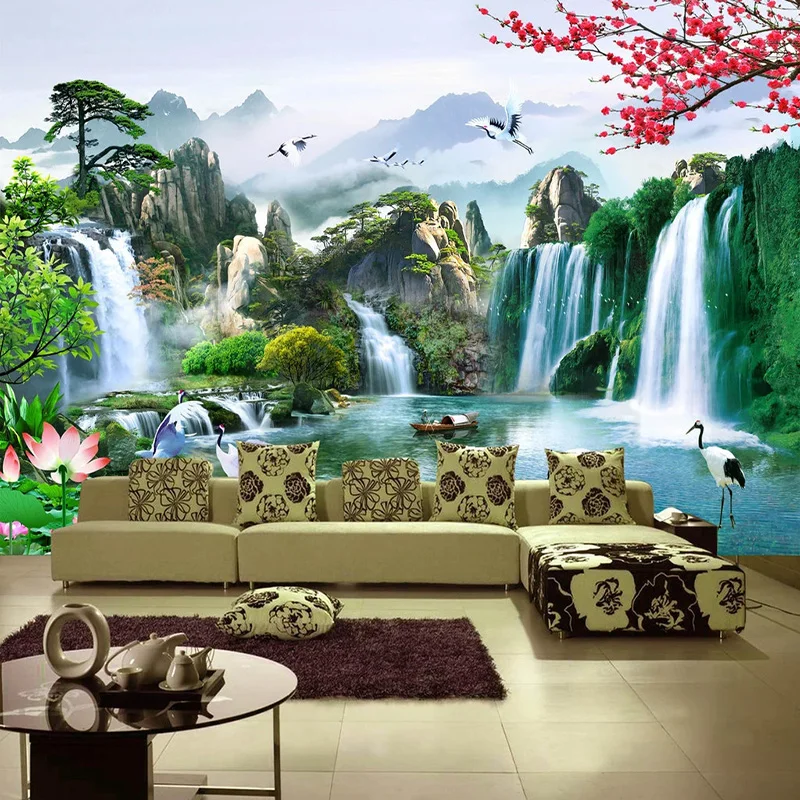 Custom Mural Wallpaper Chinese Style 3D Waterfalls Nature Landscape Wall Painting Living Room TV Sofa Study Classic Home Decor