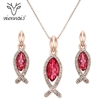 

Viennois Jewelry Set For Women Red Color Fish Zircom Design Necklace Dangle Earrings Party Jewelry