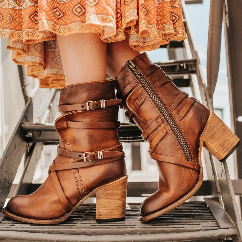 

Adisputent Women Boots High-heeled Pointed Shoes Multi-layer Retro Buckle Back Zipper Solid Color 2019 Vintage Belt Buckles Boot