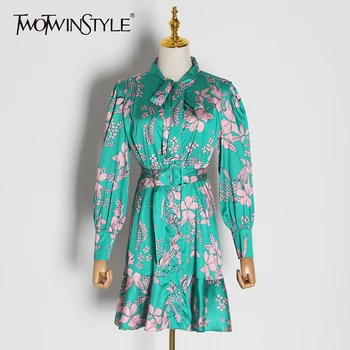 

TWOTWINSTYLE Elegant Print Women Dress Bow Collar Lantern Long Sleeve High Waist With Sashes Ruffles Dresses For Female Fashion