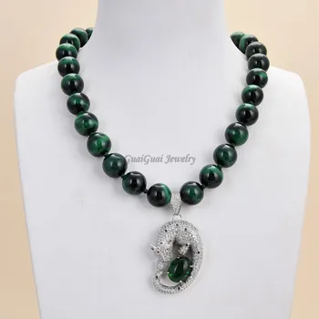 

GuaiGuai Jewelry 18" Round Green Tigers Eye Necklace CZ Pendant