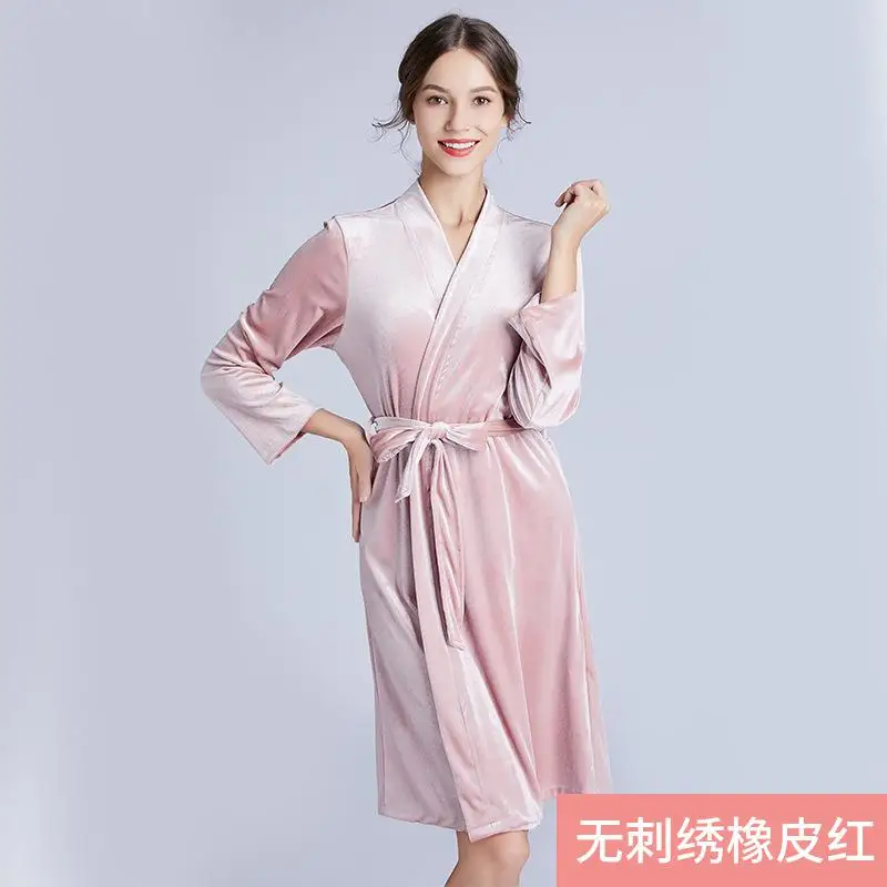 Велюровый Халат с вышивкой для невесты, зимнее кимоно для женщин, ночное белье, Повседневная Пижама домашняя одежда, ночная рубашка - Цвет: Solid - 2