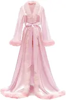 Women's Satin Robe Fur Nightgown Bathrobe Sleepwear Feather Bridal Robe with Belt