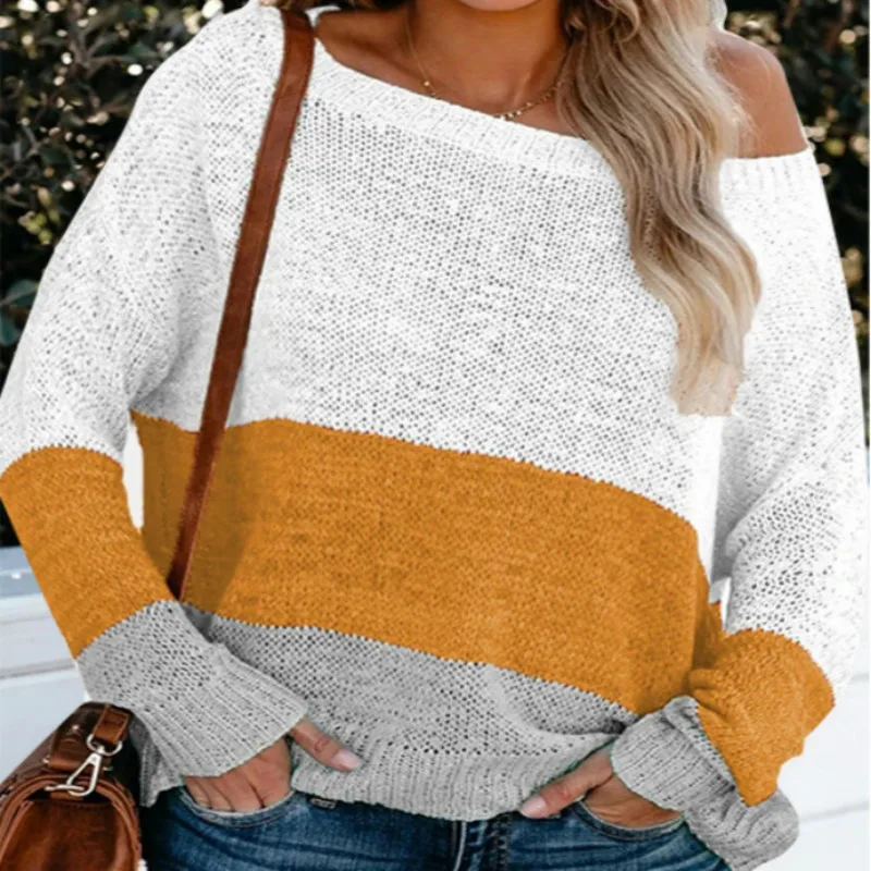 

2020 Casual Fashion Autumn Women's Sweater Street Style Pullover Sweater Contrast Hit-color Long-sleeve Sexy Strapless Sweater
