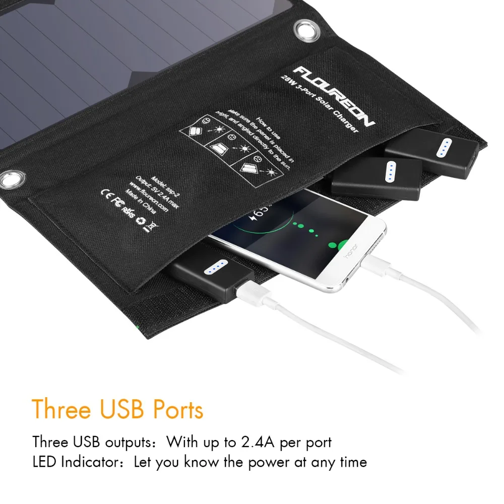 FLOUREON Portable 28W Foldable Solar Panel Charger Waterproof Mobile Power Bank for Smartphone Tablet travel with Triple USB (7)