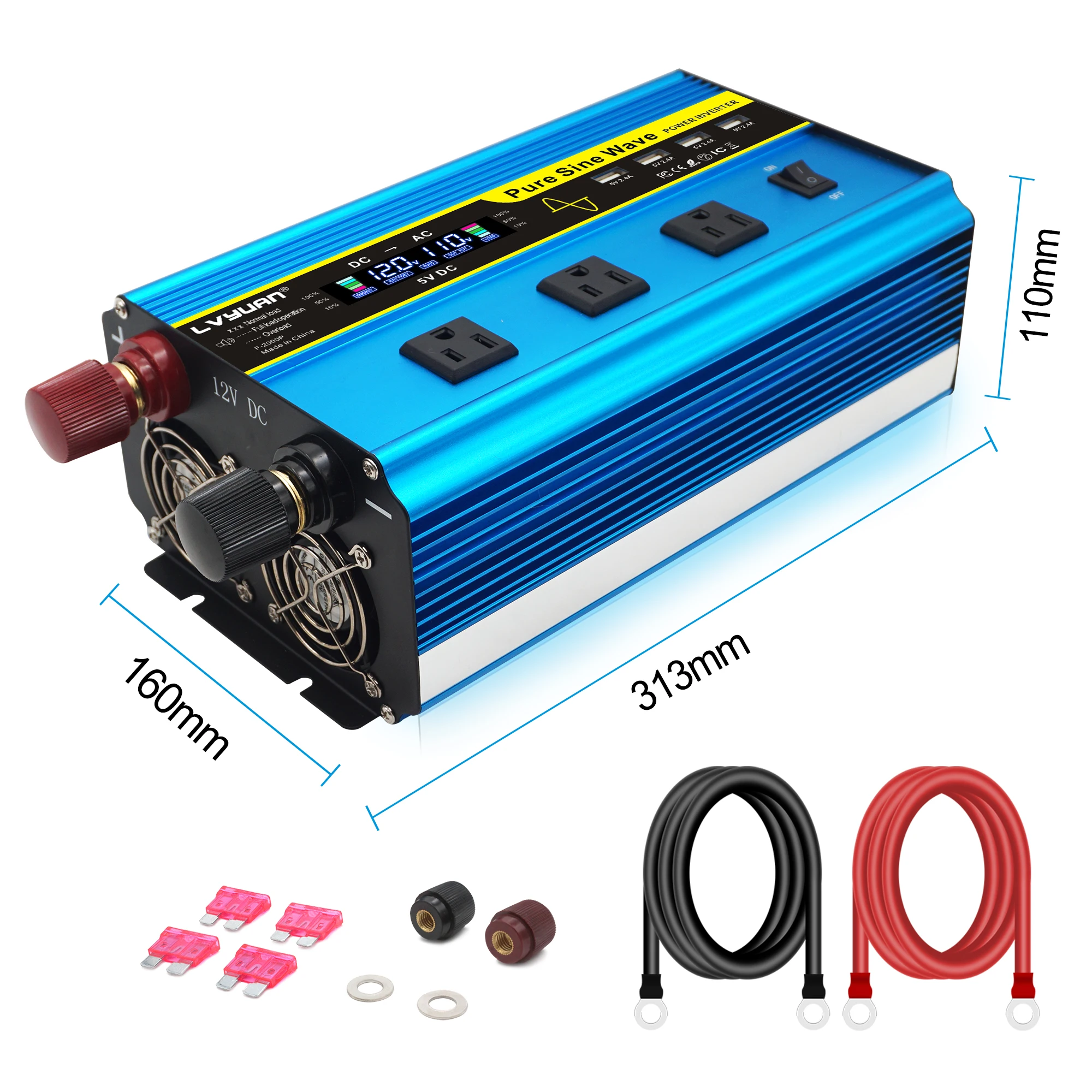 LVYUAN Pure Sine Wave Inverter 3000 Watt Inverter 12V to 110V DC to AC with  Remote Controller, LCD Display 4 AC Sockets and 4 USB Ports for Car Truck