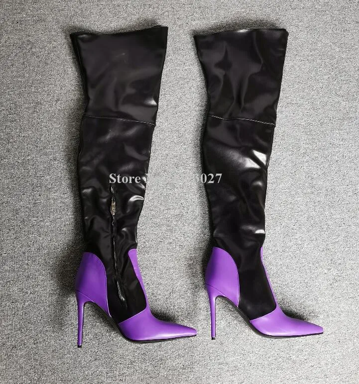 purple leather thigh high boots