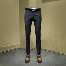 Мужские длинные официальные брюки, молодой человек, 10% шерсть, темно-синий полосатый костюм с вышивкой, брюки для офиса, мужские брюки, облегающие брюки
