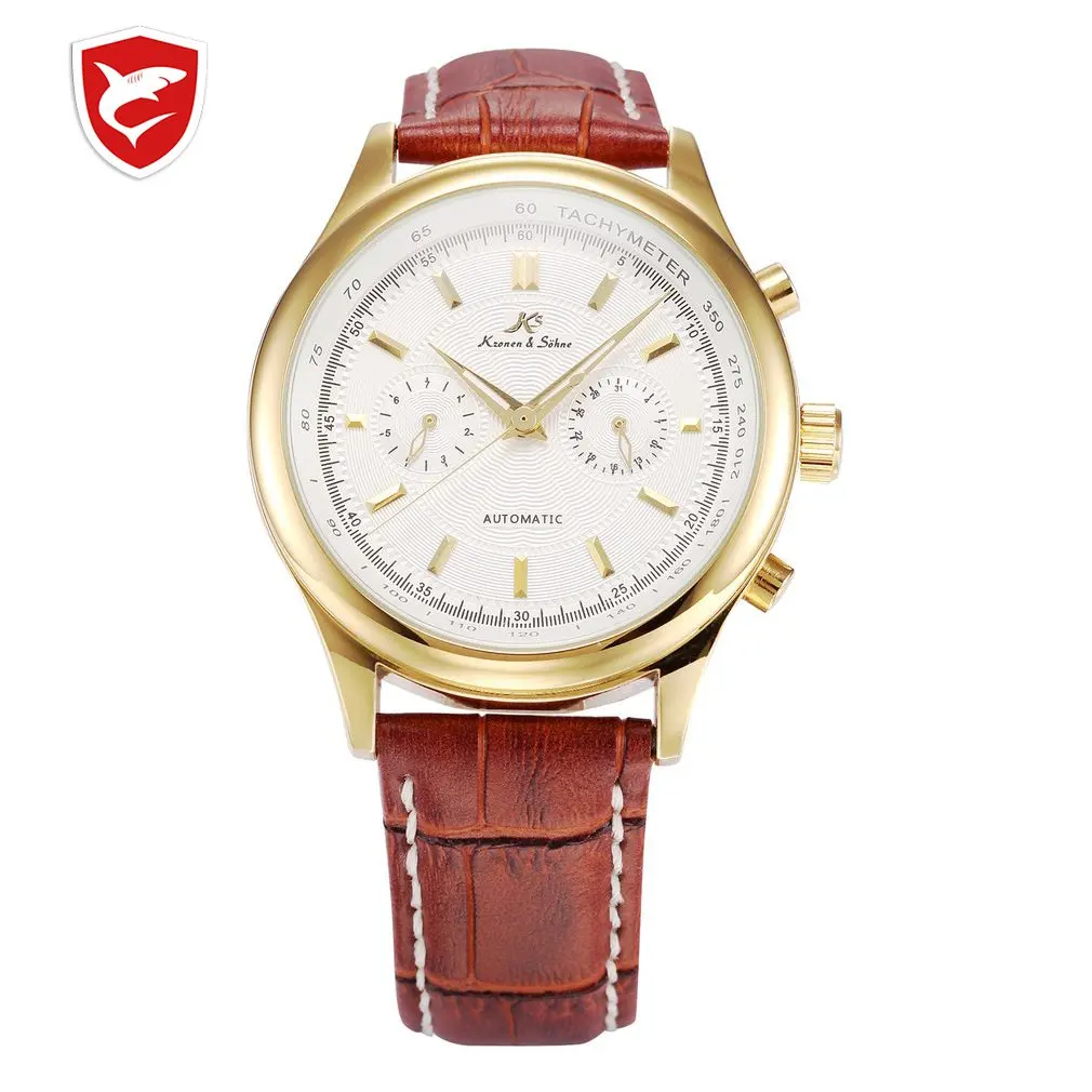 

KS Luxury Brand Black Gold Relogio Auto Date Display Leather Strap Clock Automatic Self Wind Mechanical Mens Casual Watch /KS185