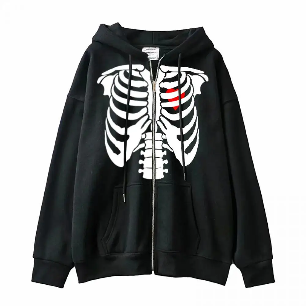 Skeleton Zipper Hoodie Female Skull Heart Print Harajuku Spring And Autumn Jacket Street Men Women Y2k Sweater | Женская одежда