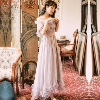 

YOSIM Long Dress for Women Summer Dress 2020 Beige Voile Evening Party Slash Neck Off The Shoulder Sequined Dress Party Dress
