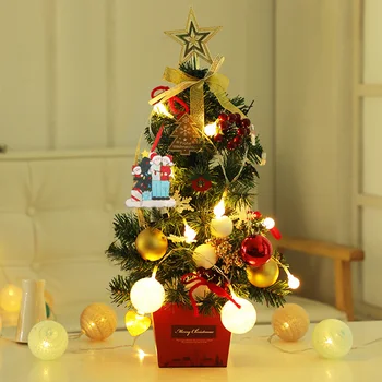 

50cm Tabletop Festival Golden Bow Ornament With Light String Holiday Home Decor DIY Craft Office Artificial Mini Christmas Tree