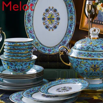 

Jingdezhen Ceramic Bowl and Dish Set European Enamel Bone China Tableware Suit High-End Household Bowl Plate Combined Table