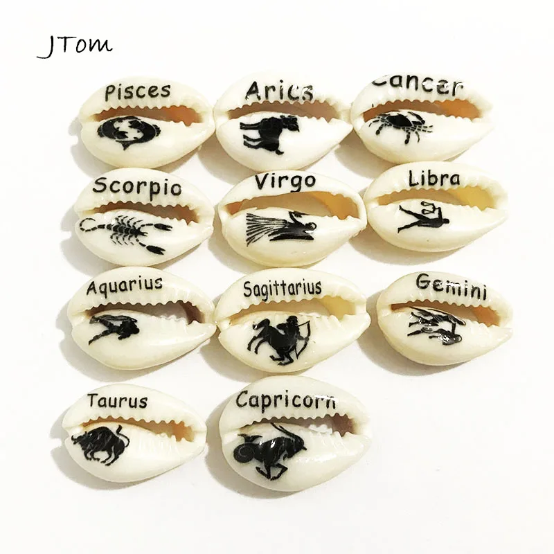 

12pcs/Lot 12 Horoscopes Gemini Capricorn Prints Natural Puka Cowrie Sea Shell Beads for Handmad DIY Jewelry Components PD029