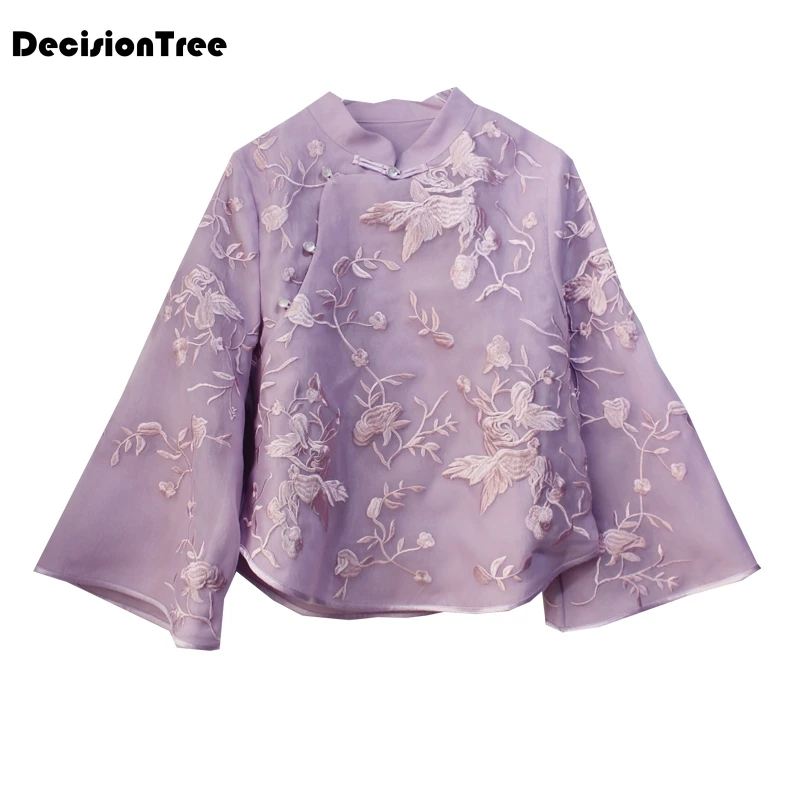 Китайская традиционная рубашка, одежда в китайском стиле, блузка с цветочной вышивкой, кружевные свободные рукава, топы в стиле чэнгосема
