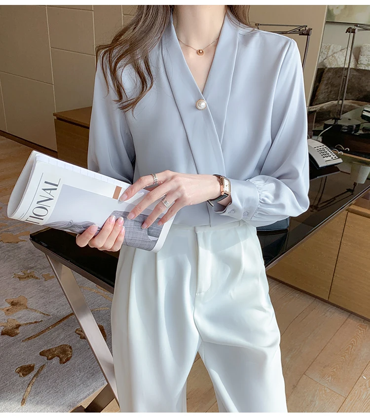 New V-Neck Silk Shirts Women Pullover Short Sleeve Summer Tops 2021 Button Women Blouses Satin Clothing Office Lady Solid Blouse