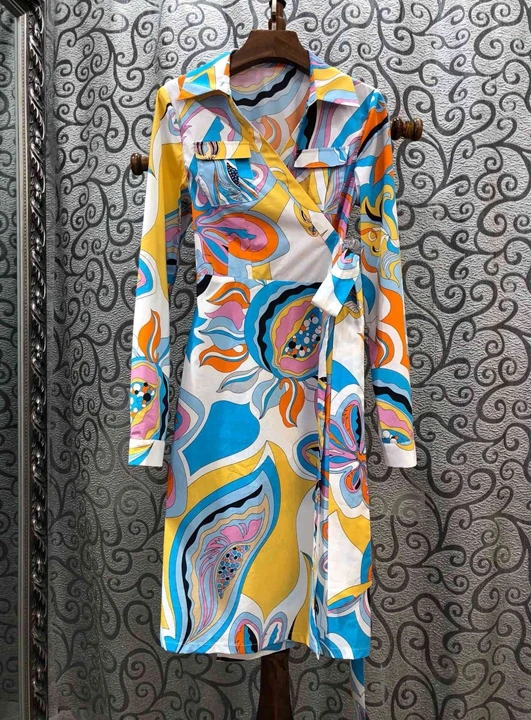 

2019 Early Autumn Female Turn-down Collar Printing Patterns Colour Matching Side Lace Dress 802