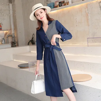 

Plus Size 5XL Elegant Women Denim Dress New Fashion Spring Office Lady V-neck Belt Stitching Slim Denim Knee-Length Dress A312
