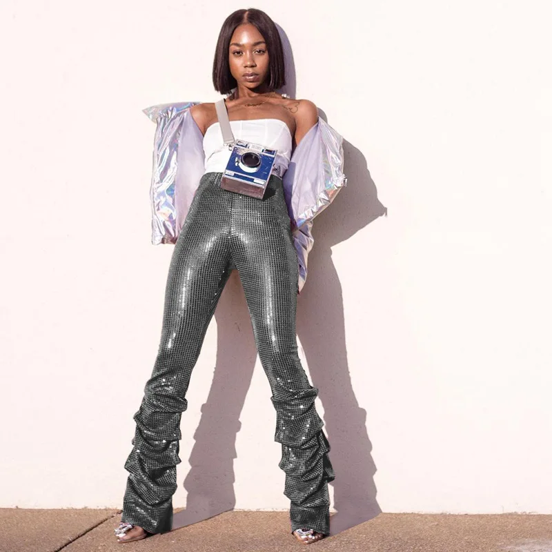 

Casual Women Pants Sequins Pants Women Stacked High Waist Sweatpants Leggings Party Night Clubwear Clothes For Women