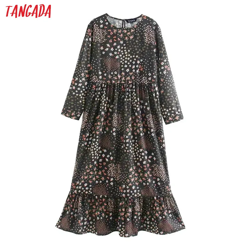 

Tangada spring fashion women retro flowers print dress ruffles o neck Long Sleeve Ladies Loose midi Dress Vestidos XN407