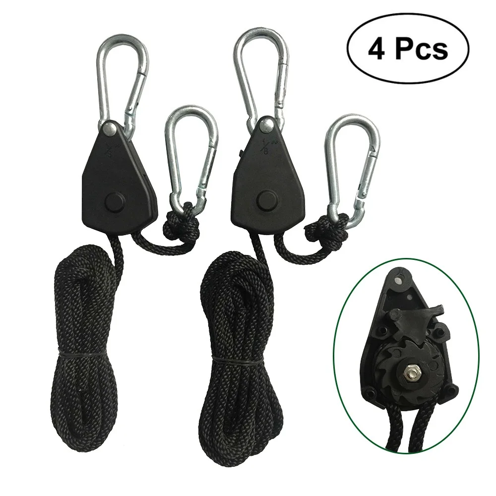 4pcs 1/8 Inch Pulley Heavy Duty Adjustable Hanging Rope Ratchet Lights Rope Hanger for Grow Light Fixtures Gardening