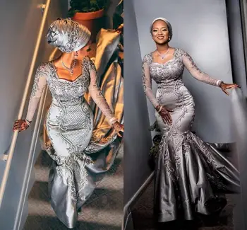 

Pretty Gorgeous Prom Gowns Plus Size Appliques Mermaid Prom Gown abiye Silver Full Sleeve Evening Gown Dress vestido de festa