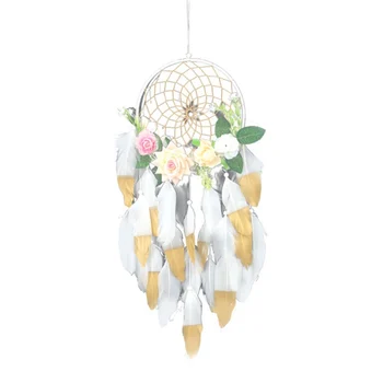 

Dream Catchers Handmade White Gold Feather Dreamcatcher With Artificial Flowers For Wall Hanging Decoration Wedding Decor HH