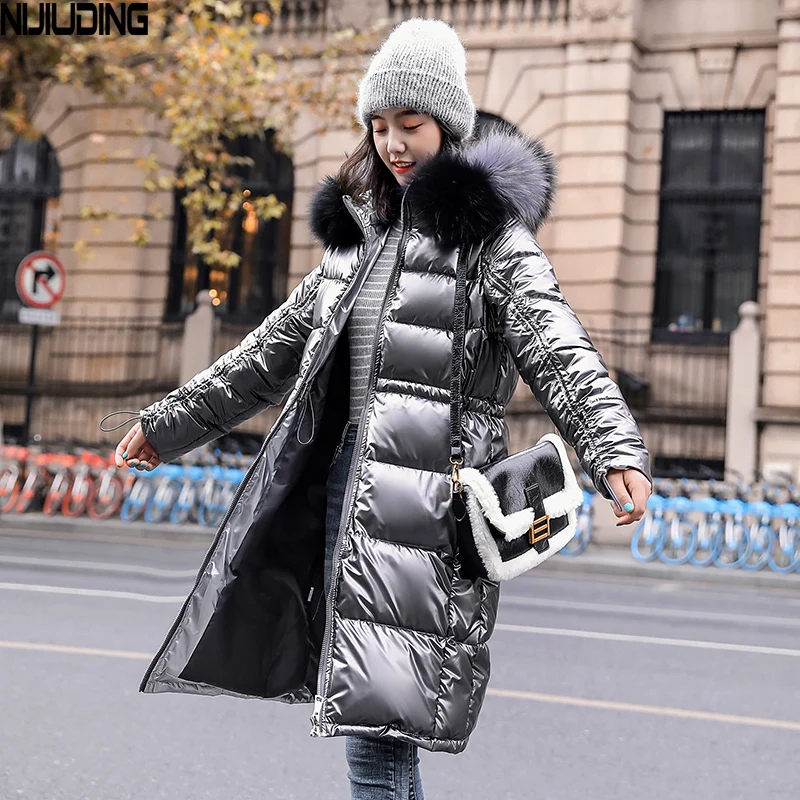 

NIJIUDING down jacket female 2020 winter Korean version of the loose bright waist waist was thin over the knee long cotton coat
