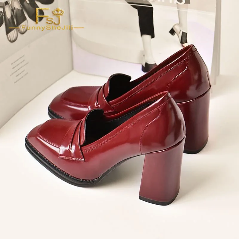 

Burgundy Loafers Oil Leather High Block Heels Square Toe Spring School Date Elegant Shoes for Women Plus Size 15 16 FSJ 2020