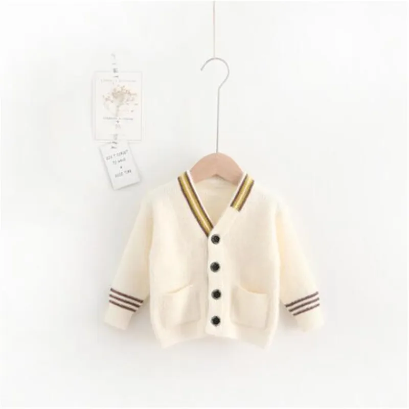 Beige Вязаный кардиган; детская одежда для девочек; сезон весна-осень; модный детский свитер; пальто с длинными рукавами; топ в полоску с v-образным вырезом; От 1 до 5 лет для девочек - Цвет: Beige